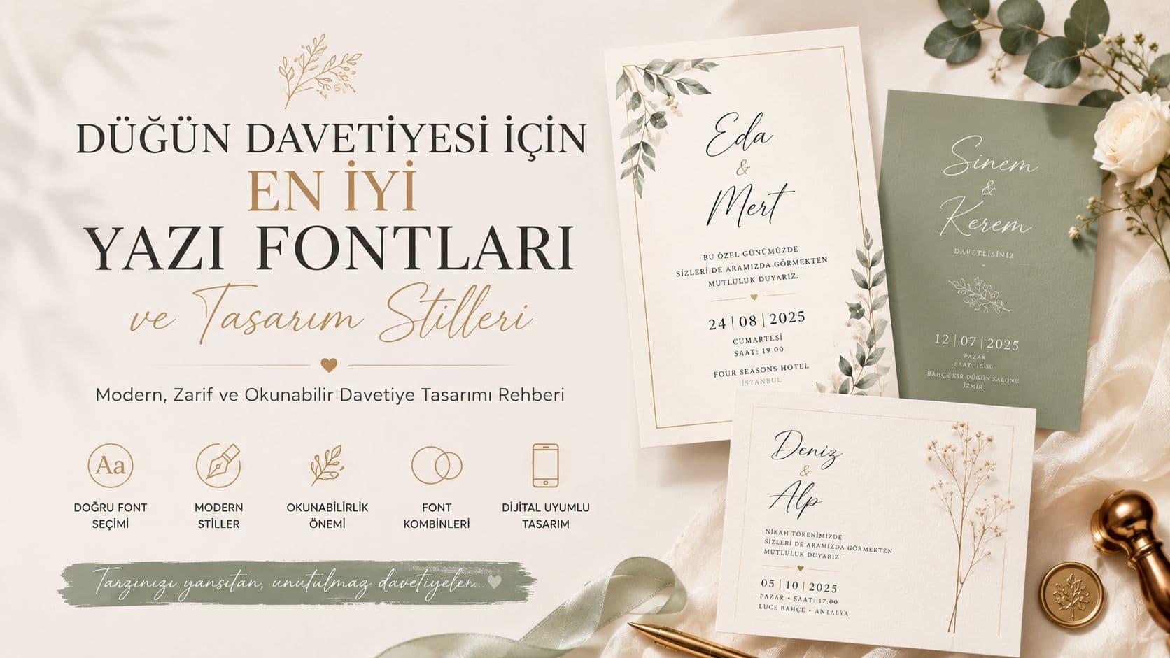 Düğün davetiyesi için modern yazı fontları ve tasarım stilleri