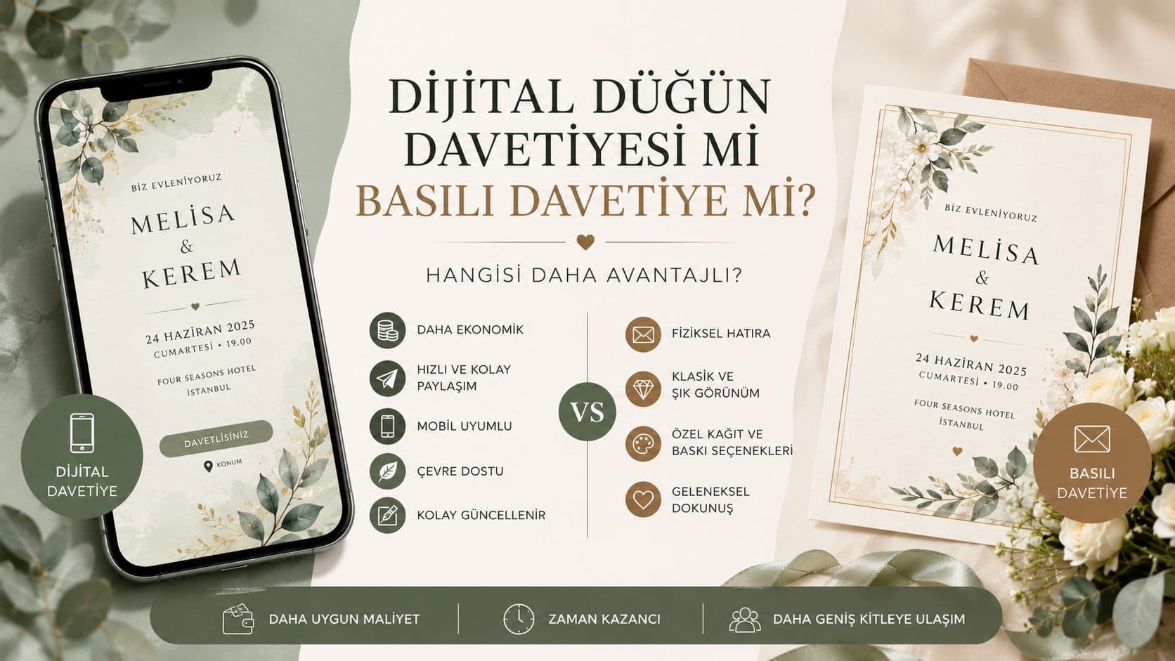 Dijital düğün davetiyesi ve basılı davetiye karşılaştırması